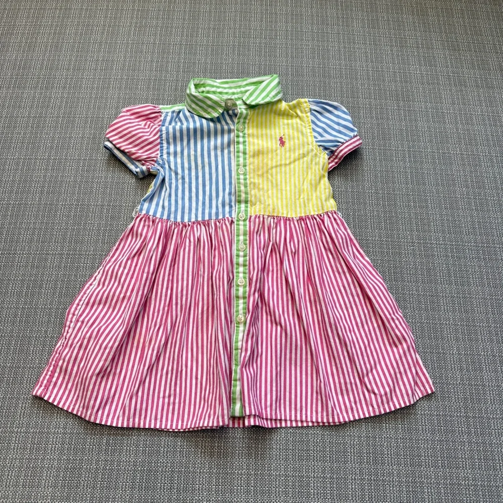 Ralph Lauren Baby Girls Multi Color Striped Patchwork Shirt Dress 18M